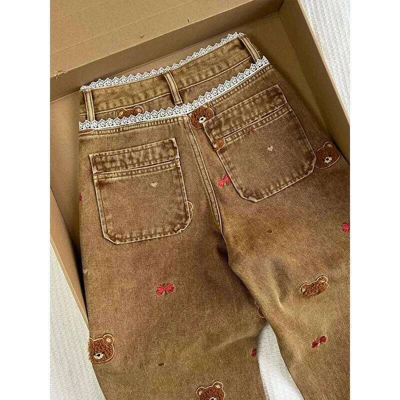 Lace Teddy Bear Embroidered Patchwork Design Wide leg 2025 Spring New High Waisted fit Slimming Casual Jeans for Commuting