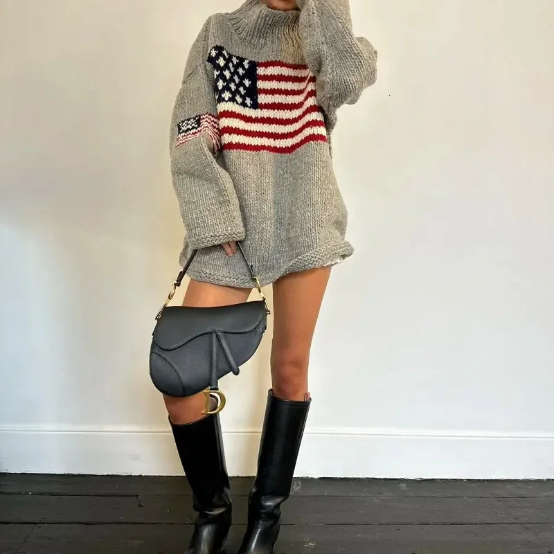 Retro Womens US Flag Long sleeved Pullover Sweater Knitted High Neck Large Y2K Sweater Retro Sweater Warm 250808