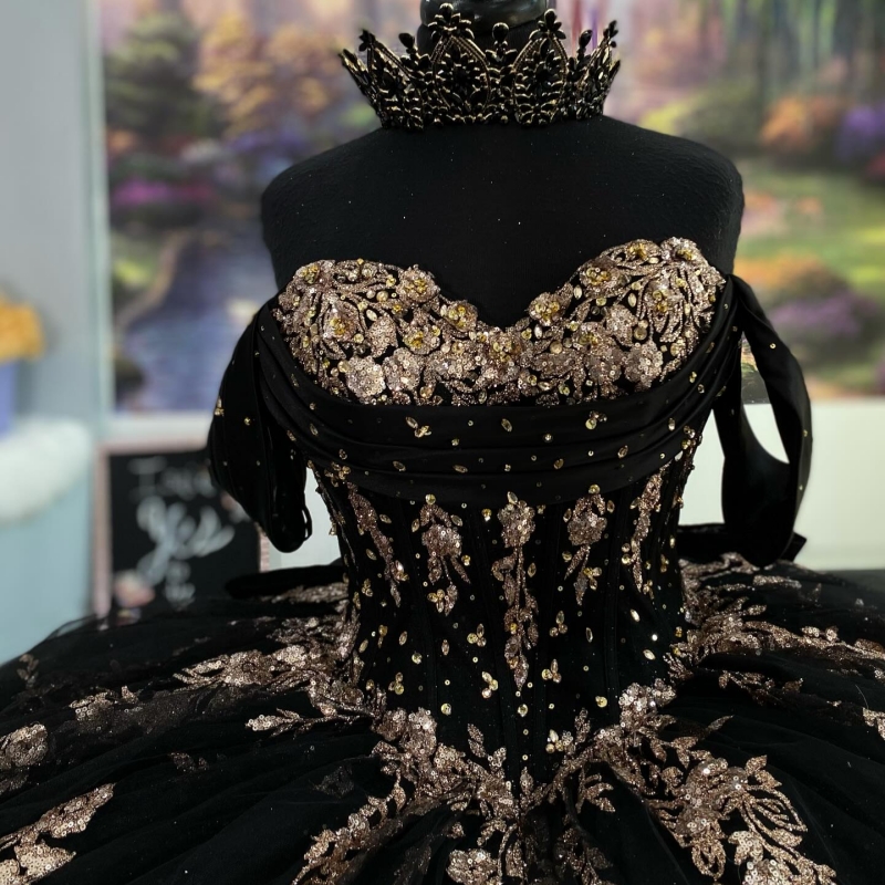 Black Shiny Princess Sweet 16 Dress Quinceanera Dresses Applique Beads Bow Tull Party Birthday Vestido De 15 Anos Ball Gowns