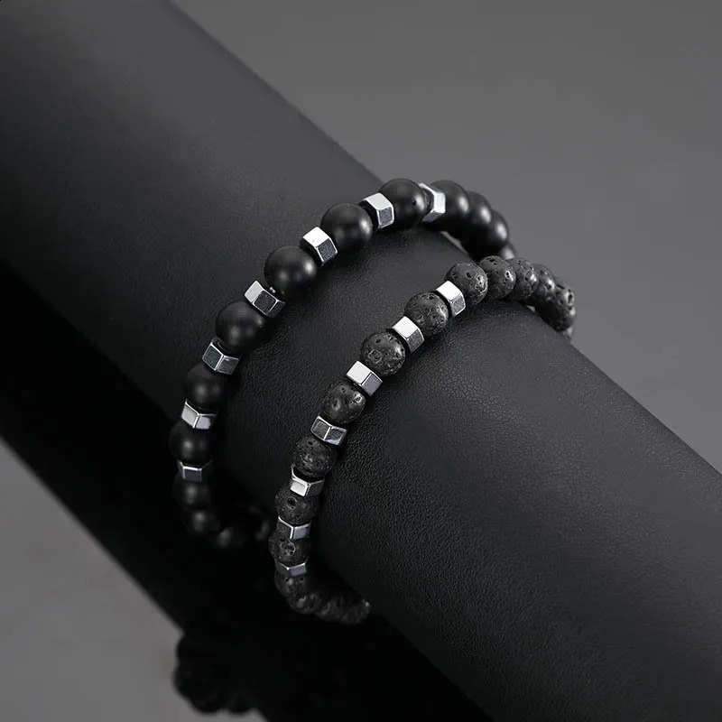 In Frosted Black Bead Volcanic Stone Mens Bracelet Set Double Layer Nature Stone Beaded Bracelets Gifts 250812