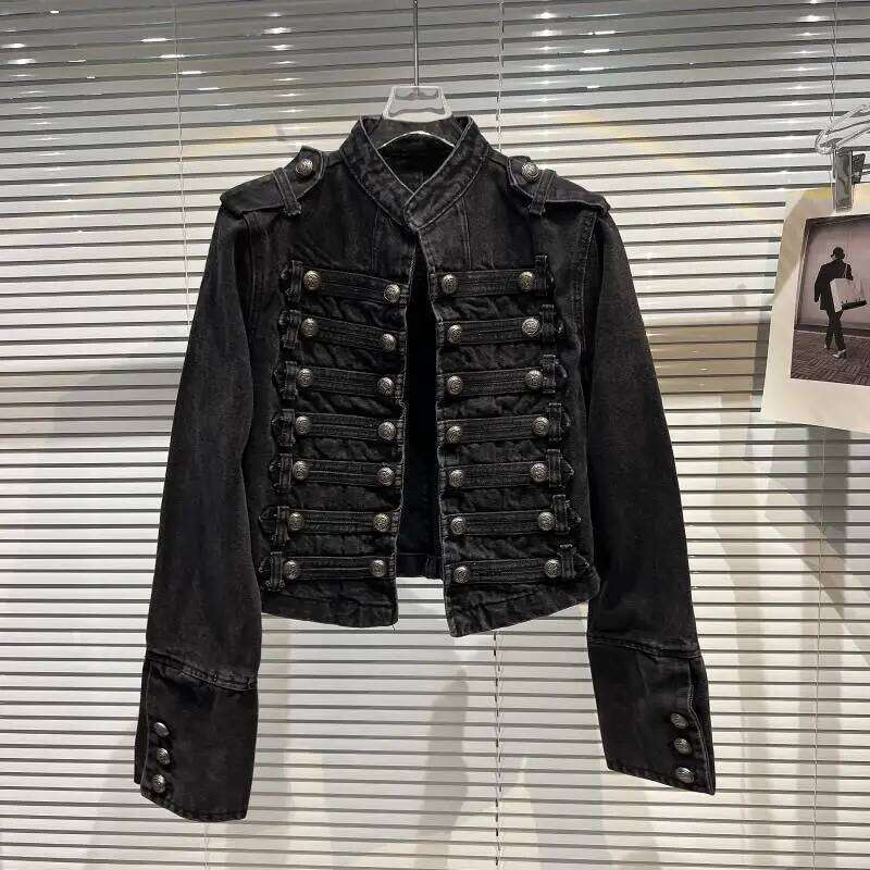Designer Clothing 2025 New Autumn Fashion Tops Classical Metal Rib Buckle Korean Style High-End Design Shoulder Straps Washed Denim Short Jacket