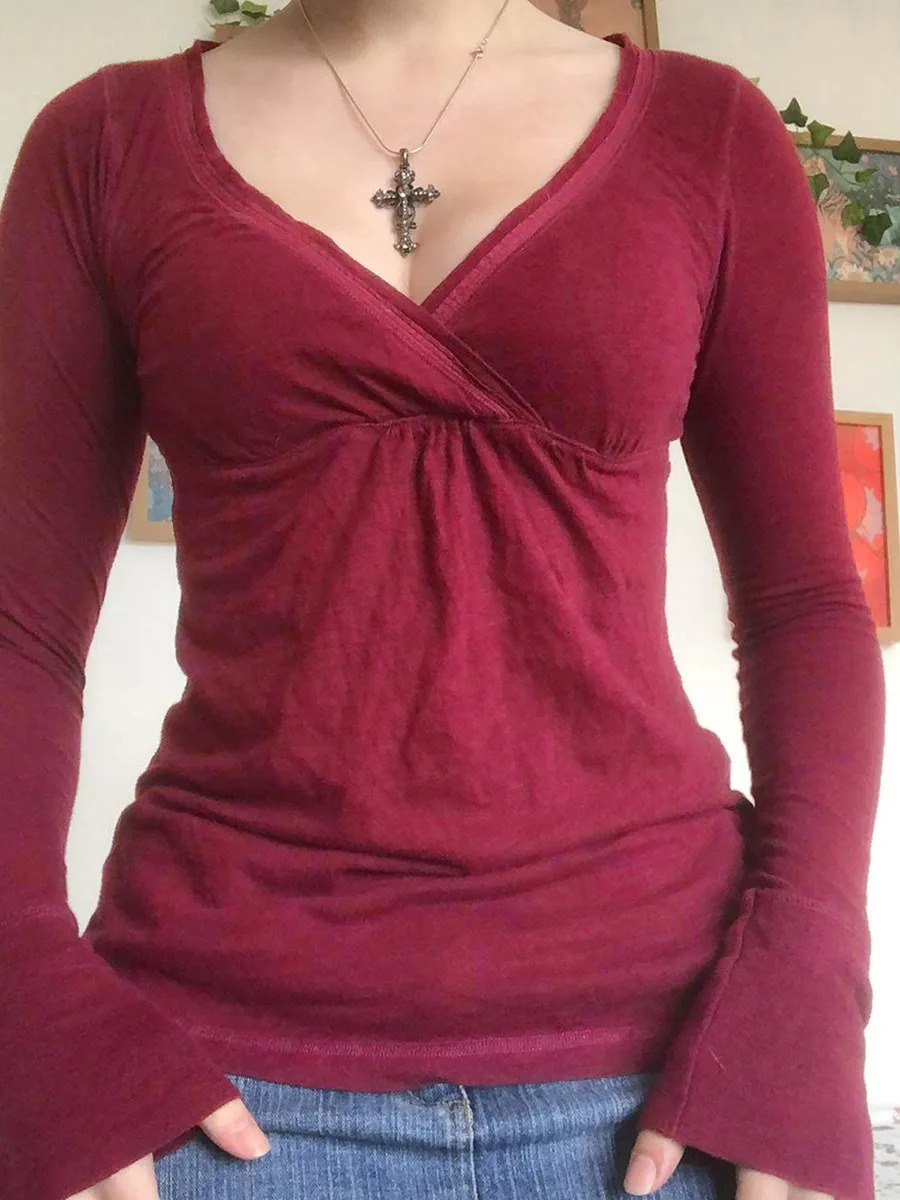 Women Spring Slim Fit Tops Solid Color Long Sleeve Wrap VNeck TShirt 250814