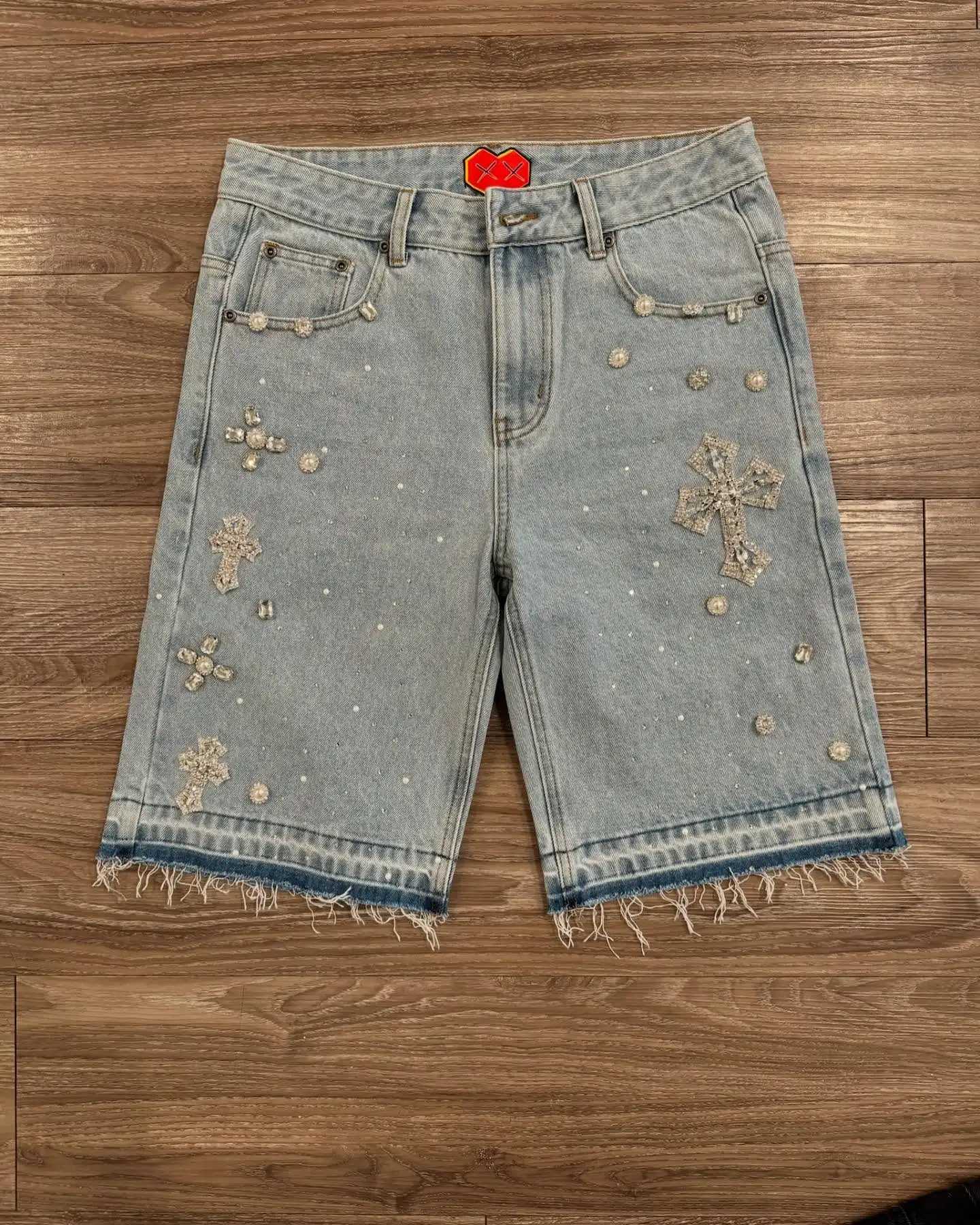 Gothic Rhinestone Cross Embroidery Viral Denim Jorts Y2K Vintage American Trend Gym Shorts Men Women Street Hip Hop Jean Short Y250814
