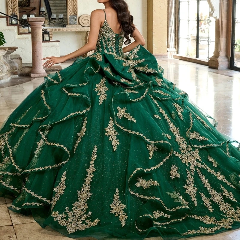 Emerald Green Shiny Princess Sweet 16 Dress Quinceanera Dresses Long Sleeves Applique Lace Bow Tull Party Birthday Vestides De 15 Anos