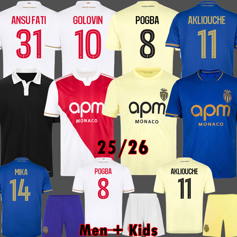2025 2026 POGBA AS Monaco Soccer Jerseys ANSU FATI Black Centenary Kit MINAMINO GOLOVIN 25 26 maillot de foot Flocage Men Kids Kit AKLIOUCHE 100 Years Football Shirts