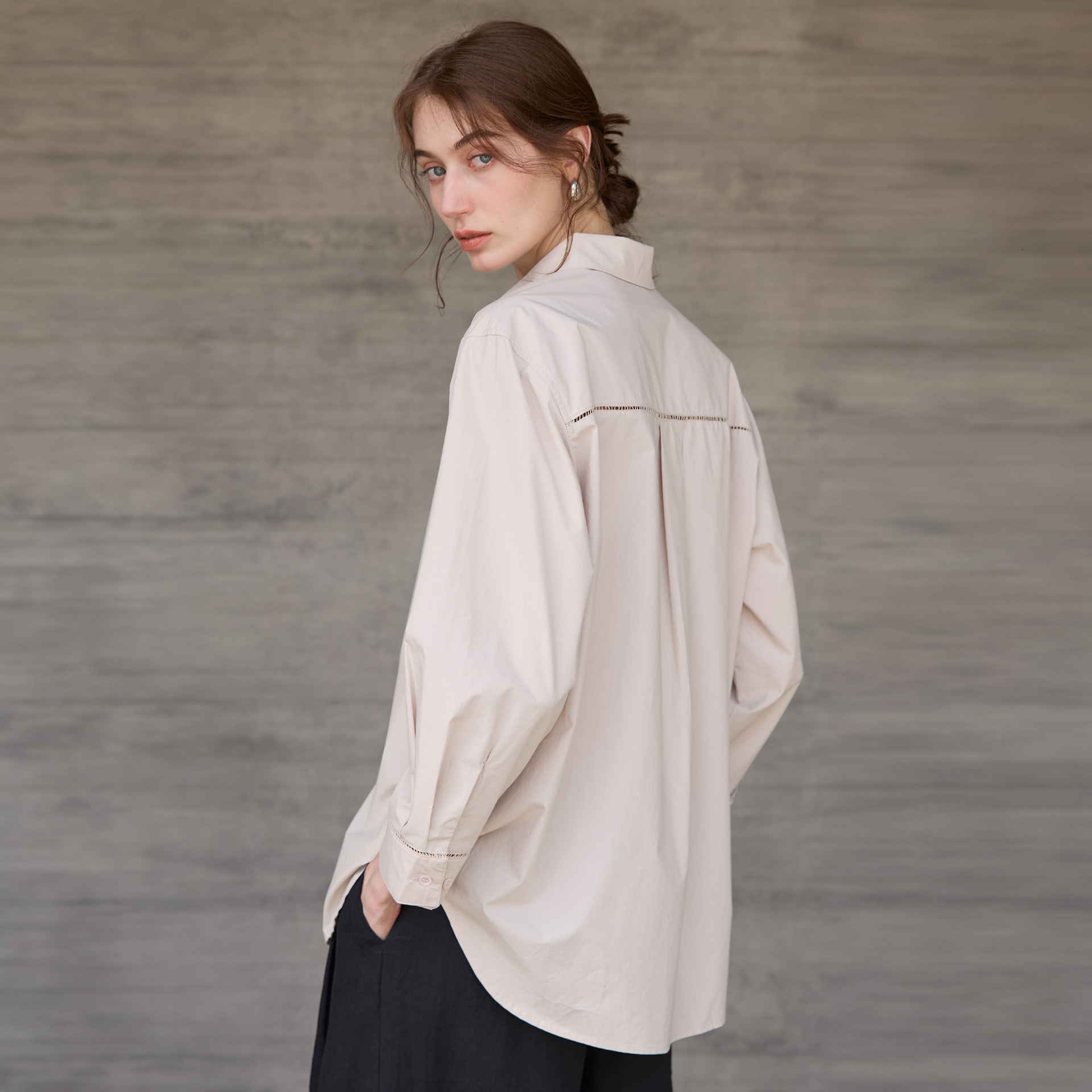 Autumn Winter New Pure Cotton Long Sleeve Shirt for Women French Lazy Style Hollow Design Top Mid-Length Versatile Blouse