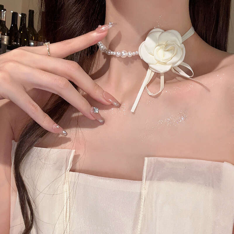 Camellia Flower Pearl Choker Necklace for Women, Collarbone Chain, Neckband, Floral Accessory
