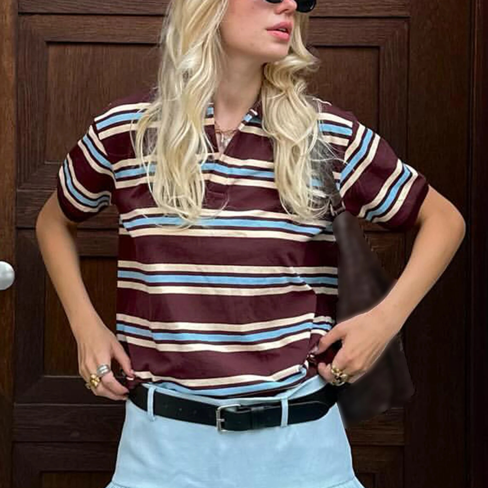 Fashion Womens Striped Shirts Short Sleeve Lapel Collared Teen Girls Preppy Henley 90s Vintage Tee Crop Tops Y2K T 250814