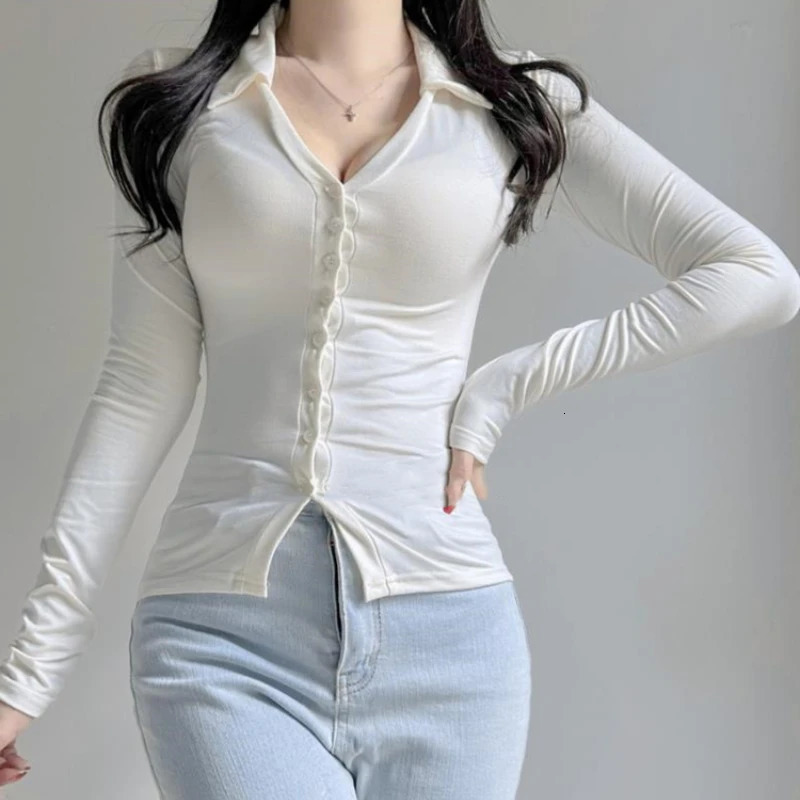 Women See Through POLO Collar Retro Sexy Spicy Girl Long Sleeved Top Female Clothes Summer Womens Fashion Skinny Tshirt 250814