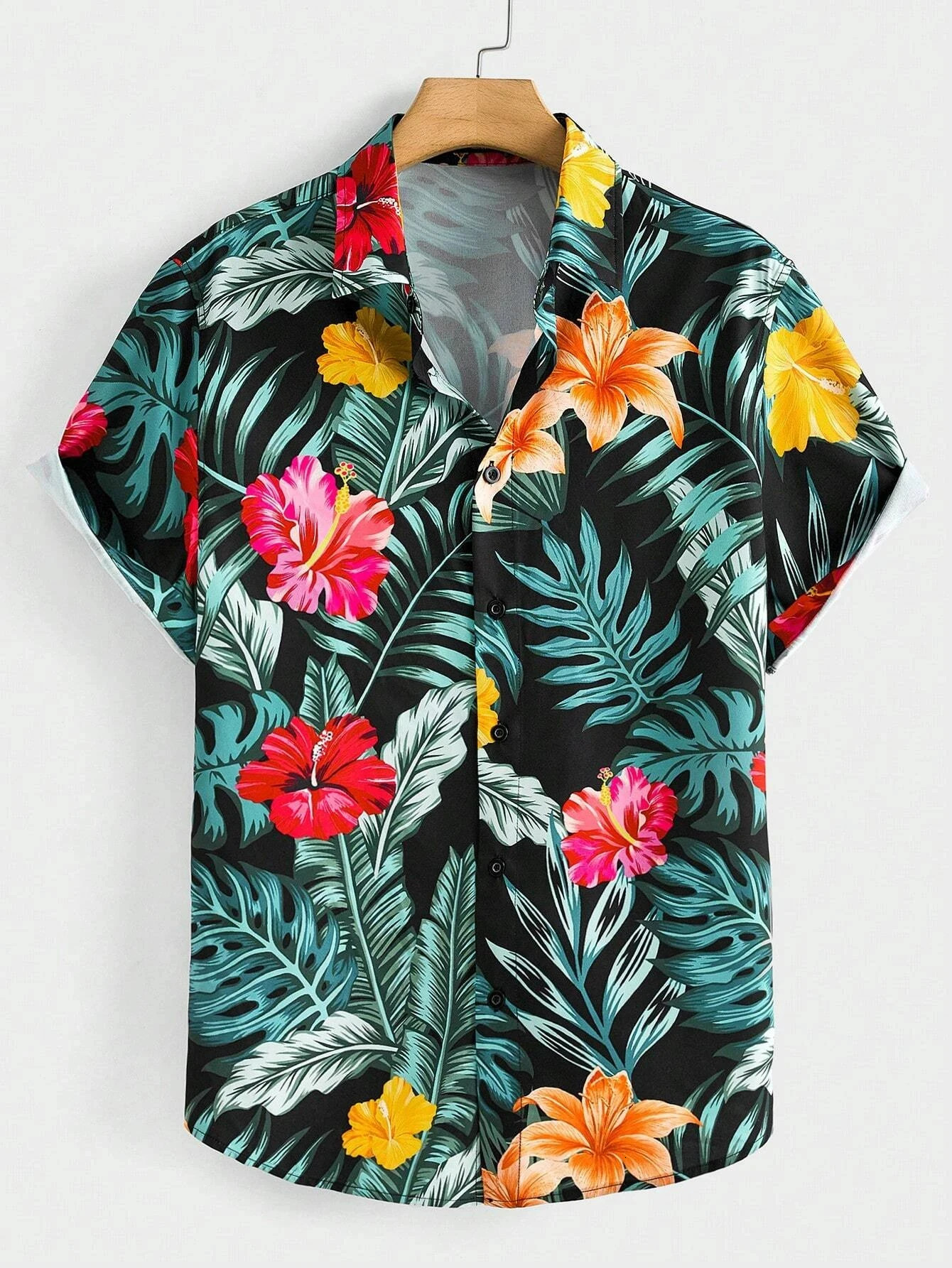 Hawaiian Botanical Flower Print Mens and Womens Short Sleeve Lapel Seaside ButtonDown Shirt Top Casual Fashionable Shirts 250804