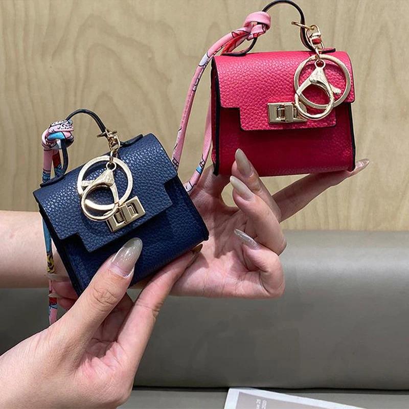 Luxury Designer Mini Square Leather Bag Charm Lock design Earphone Case Cute bag Pendant Fashion Decor Accessories Creative Keychain Women Gift