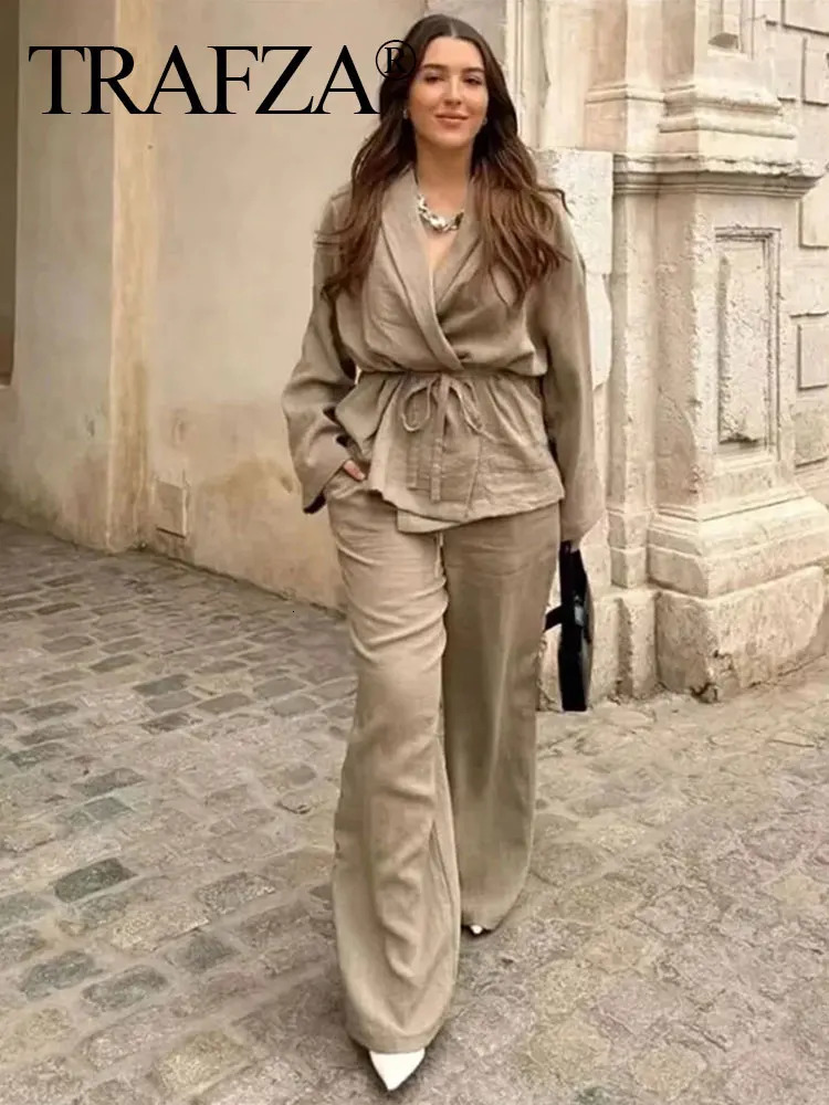 TRAFZA Women Loose Wide Leg Pant Set Fashion Lapel V Neck Long Sleeve Thin Blazer Coat With Belt Summer Ladies Solid Suit 250814