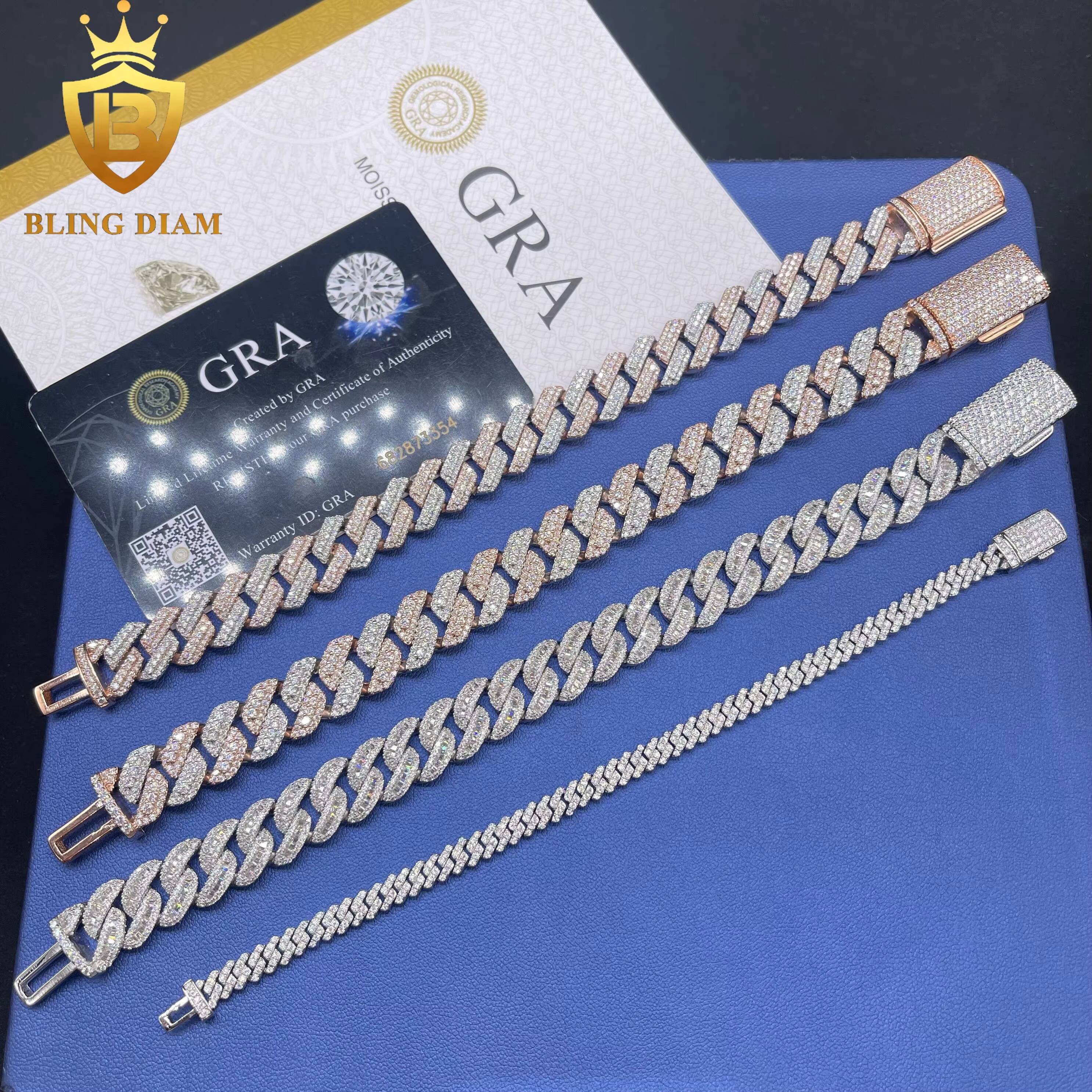 Hip Hop Jewelry Iced Out Rose Gold Two Color Miami Cuban Link Chain and Bracelet for Men Moissanite 925 Sterling Silver