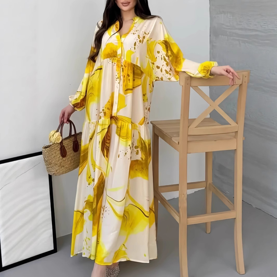 2025 New Printed Loose Casual Sleeve Elegant V-Neck Long Dress for Women