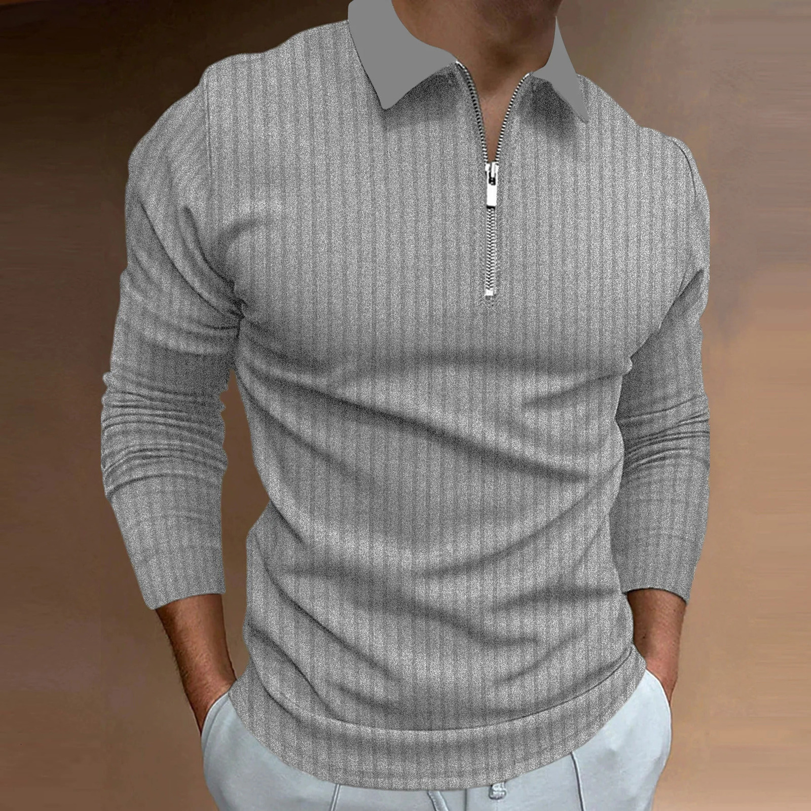 Mens Autumn Sports Fitness Casual Collar Stretch Vertical Stripe Long Sleeve Zipper Polo Shirt 250814