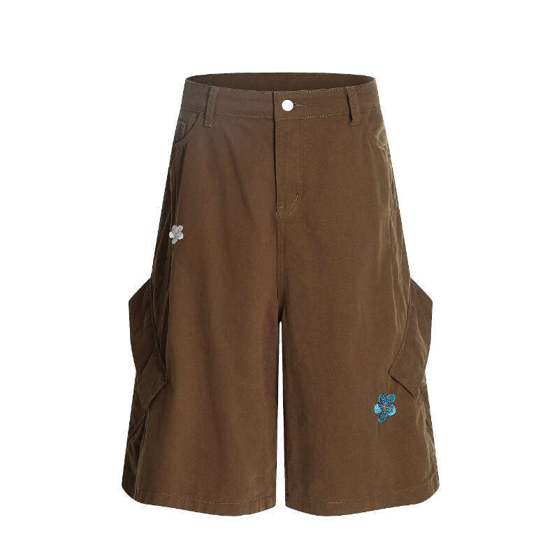 American Floral Embroidery Seven-Point Casual Cargo Wide-Leg Loose Versatile Large Pocket Couple Style Shorts B5