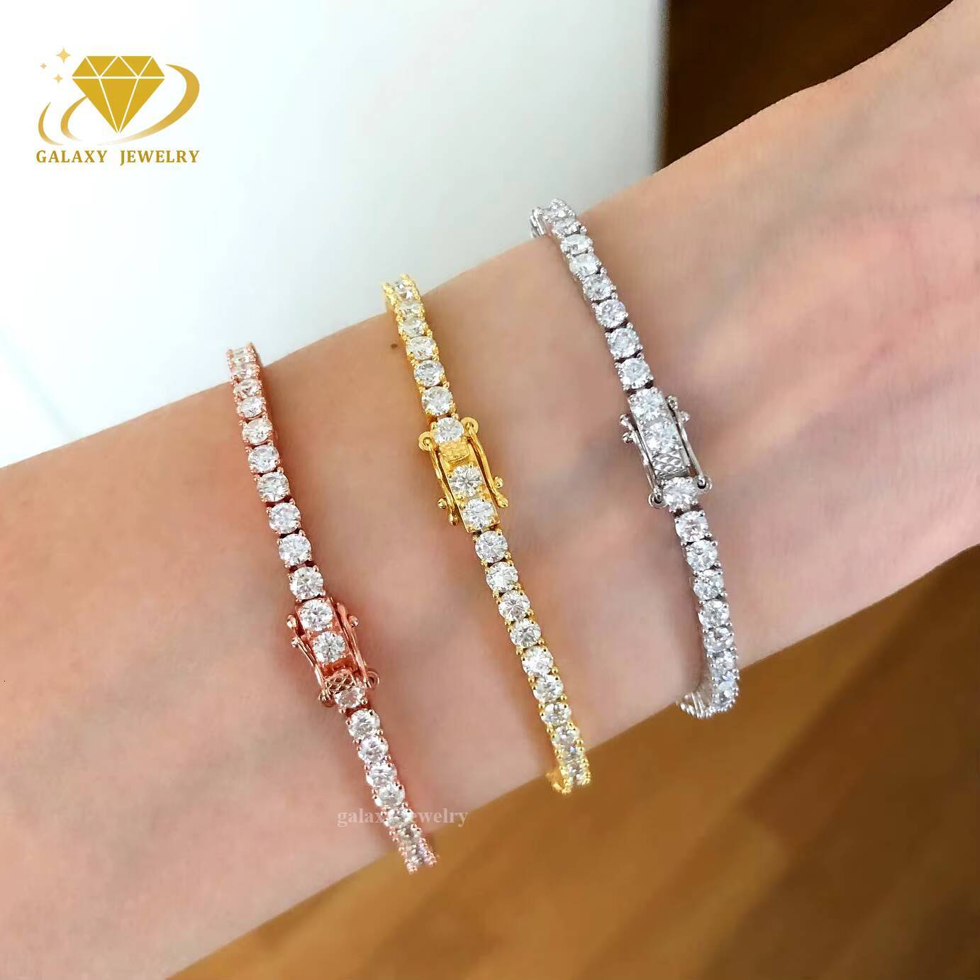 Tennis Chain Fashion Jewelry Bangles 3mm 4mm 5mm Rose Gold Plated 925 Sterling Silver Vvs Moissanite Bracelets Women