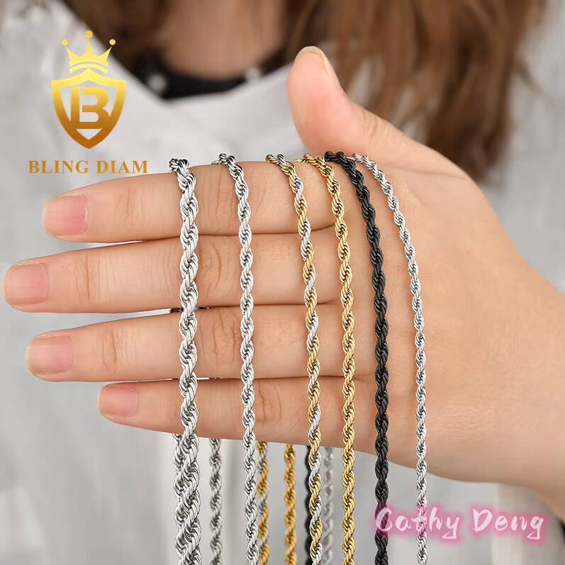 Factory Price 18k Gold Plated 2mm-5mm Rope Chain Necklace Stainless Steel Twisted Rope Chain for Men and Women Rope Gold Chain