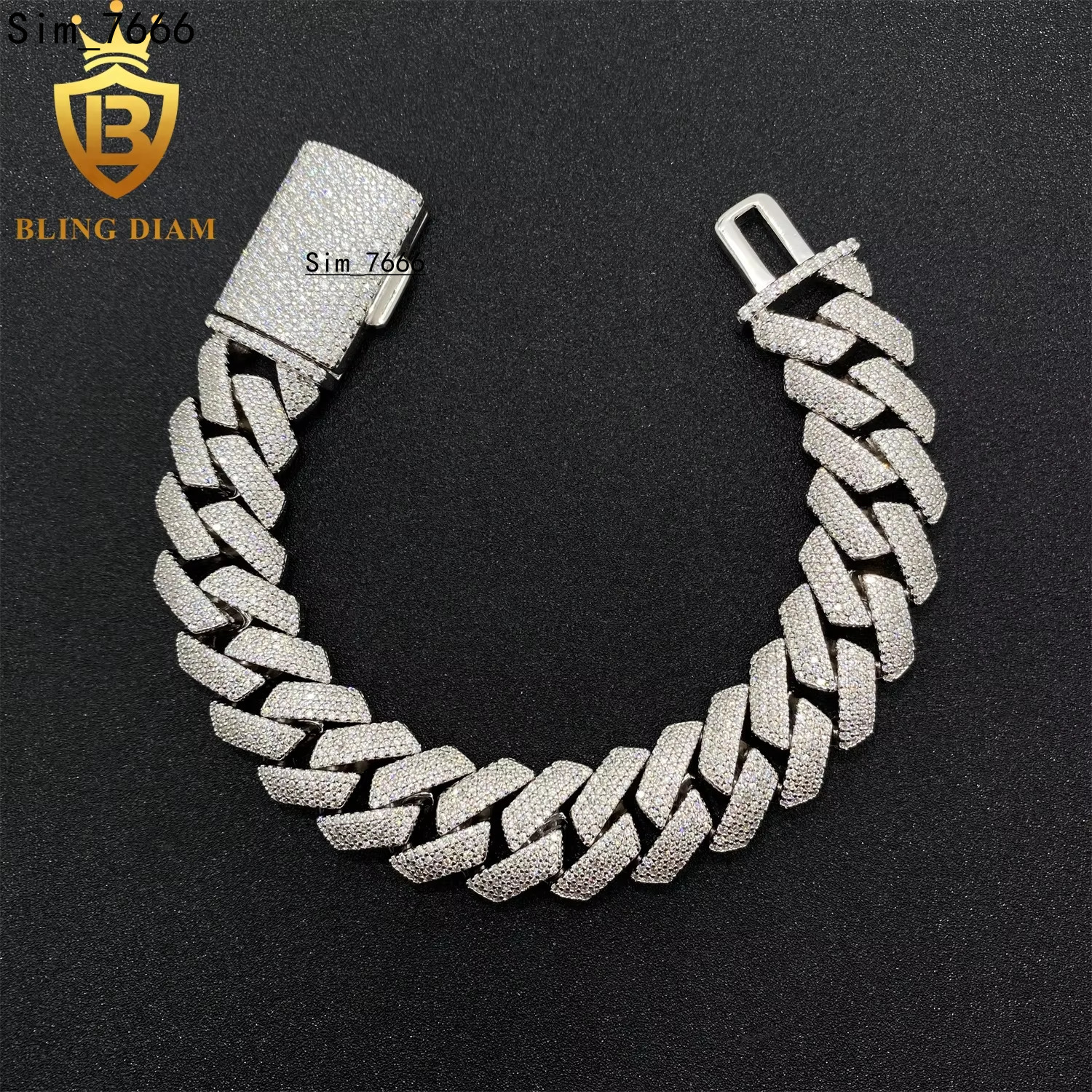 Stylish 925 Silver Cuban Link Bracelet with 15MM Diamonds for Wholesale Factory Bracelet Men