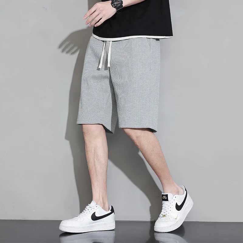 Men Shorts Solid Color Mid Waist Summer Shorts Waffle Texture Deep Crotch Drawstring Male Shorts Loose Knee Length Casual Short Y250814