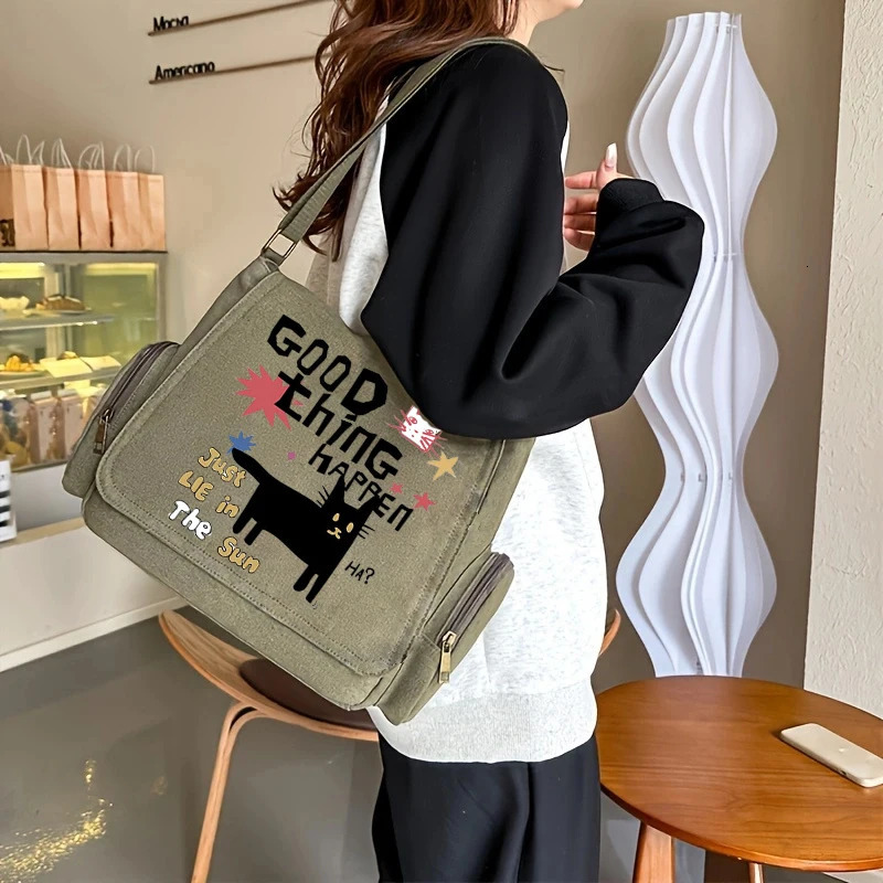 Playful Pattern Womens Bag Multiple Pockets Green Canvas Messenger Bag Zipper Hasp Shoudler Bag For Women Commuting 250809