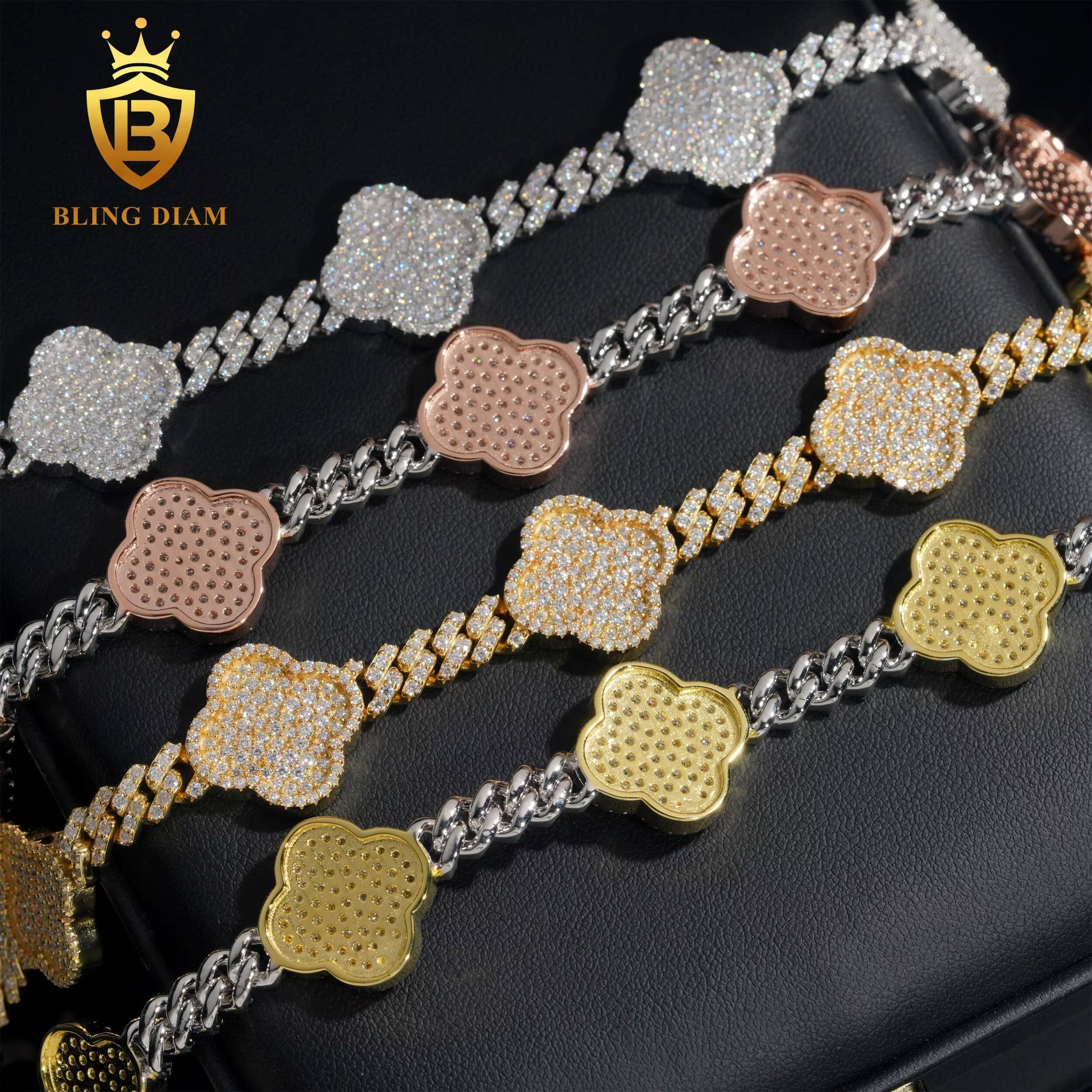 Custom 6mm Vvs Iced Out Moissanite Diamond Hip Hop Bracelet 925 Silver Four-Leaf Clover Bracelet Men Women