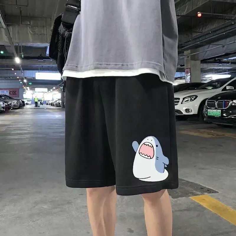 M-5XL Cartoon Shark Print Shorts For Mens Summer Slim Fit Loose Casual Capris Trend Straight Leg Sports Shorts Y250814