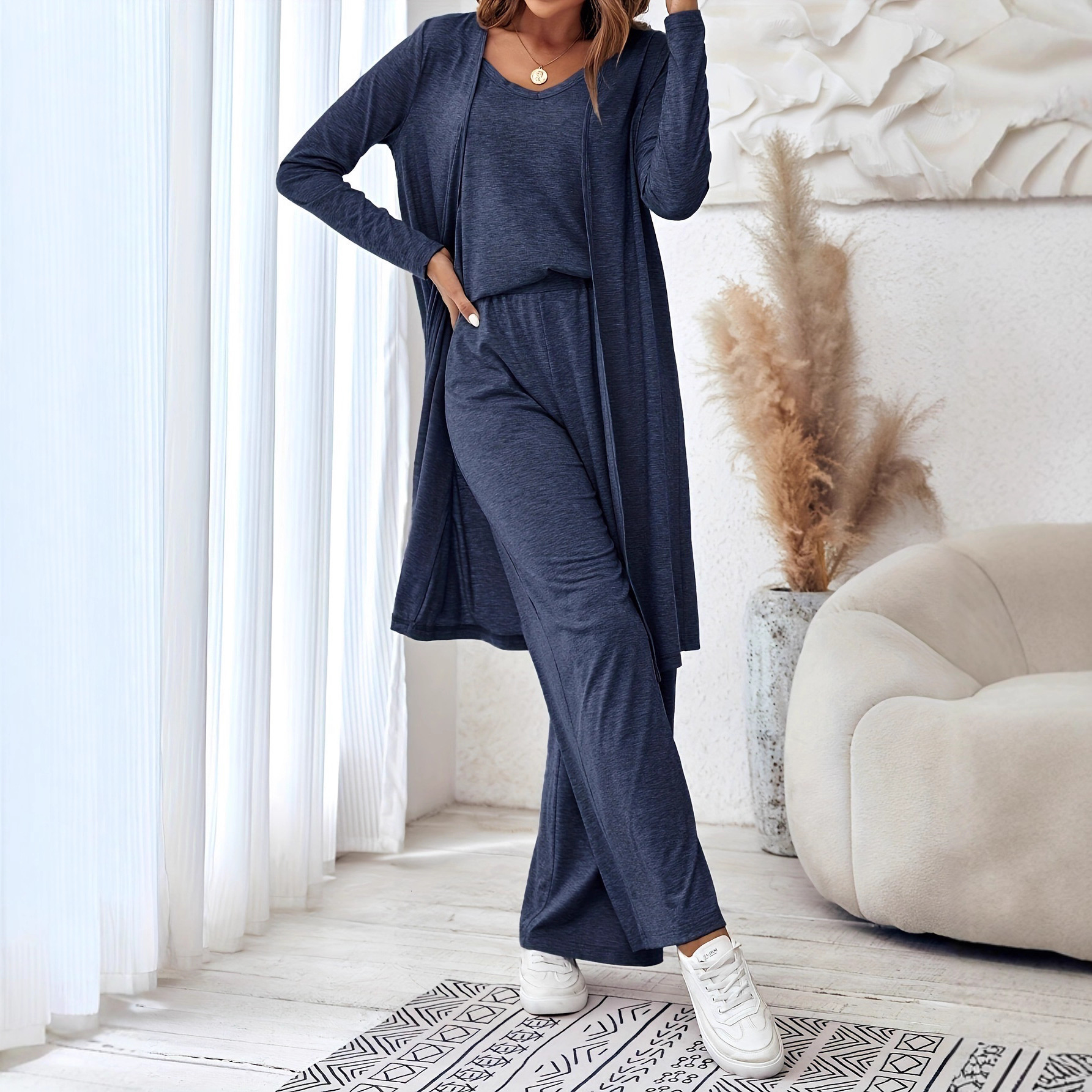 Women's Spring Casual Solid Color Camisole Top Cardigan Long Pants Three-Piece Set for Women