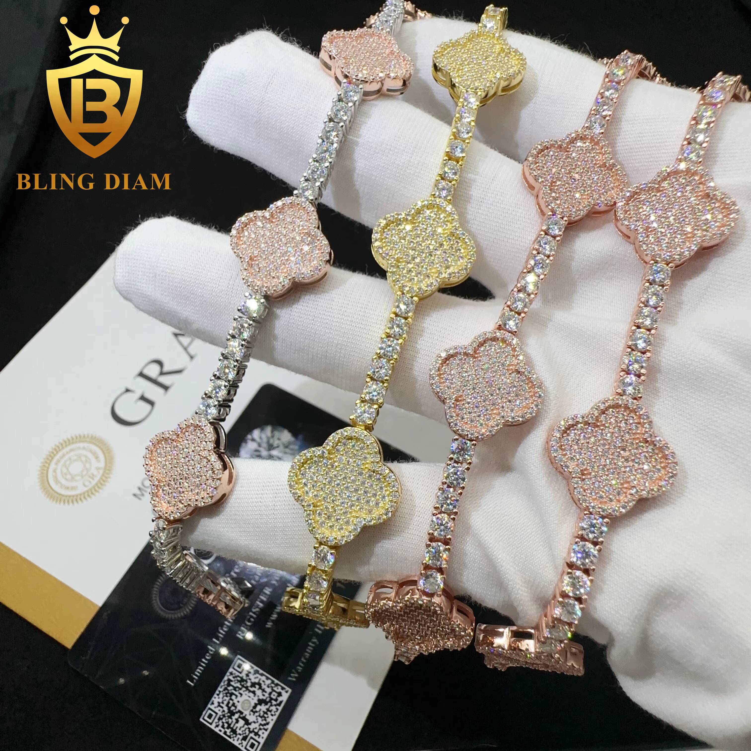 Wholesale Price 925 Sterling Silver Vvs Moissanite Diamond Hip Hop Iced Out Jewelry Clover Leaf Tennis Chain Bracelet