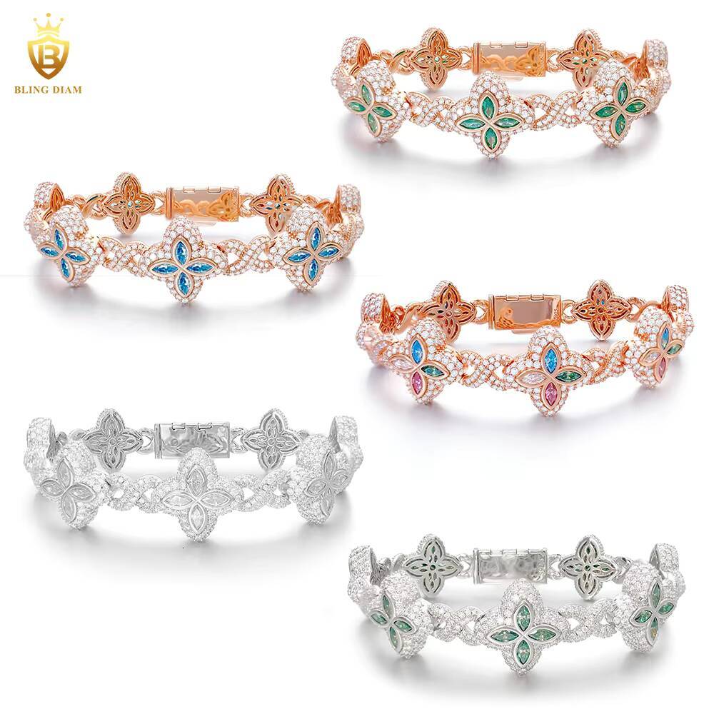 19mm Multiple Options Marquise Cut Flower New Design Colorful 925 Sliver Moissanite Clover Iced Out Bracelet