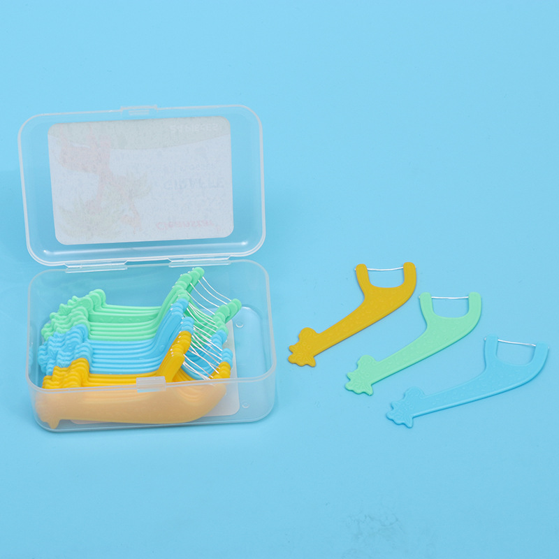 24-pack box of cute cartoon-shaped children's colored smooth dental floss sticks, portable disposable plastic dental floss picks