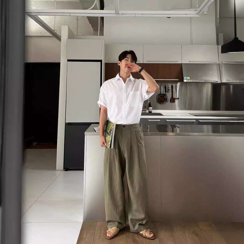 Army Green Linen Casual Long Pants For Men Summer New High-End Versatile Loose Straight Wide-Leg Trousers B5