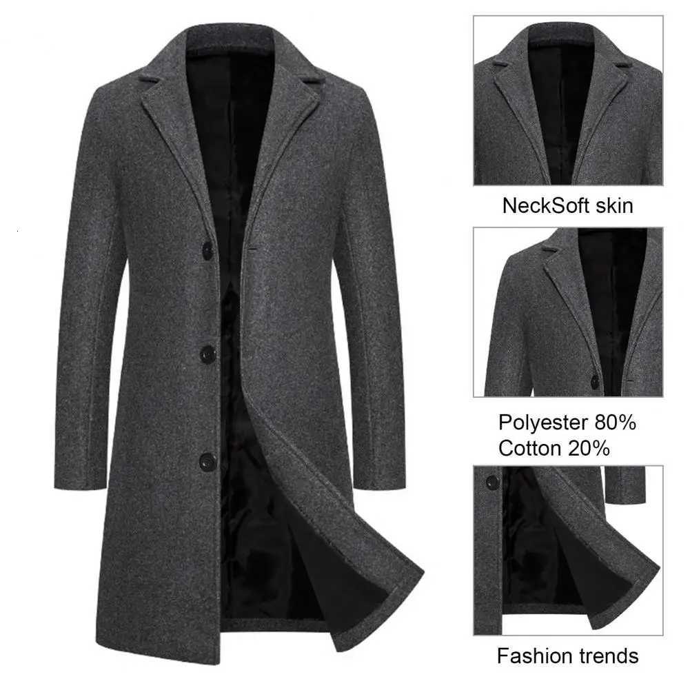 Men Windproof Casual Overcoat Woolen Coat Notch Lapel Long Sleeve Single Breasted Jacket Solid Color Business Coat W250815