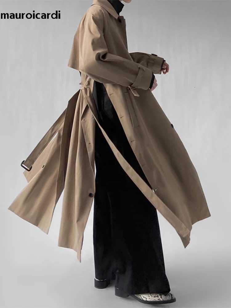 Mauroicardi Spring Autumn Long Black Blue Oversized Trench Coat Men With Side Double Slit Belt Loose Casual Korean Fashion 2023 W250815