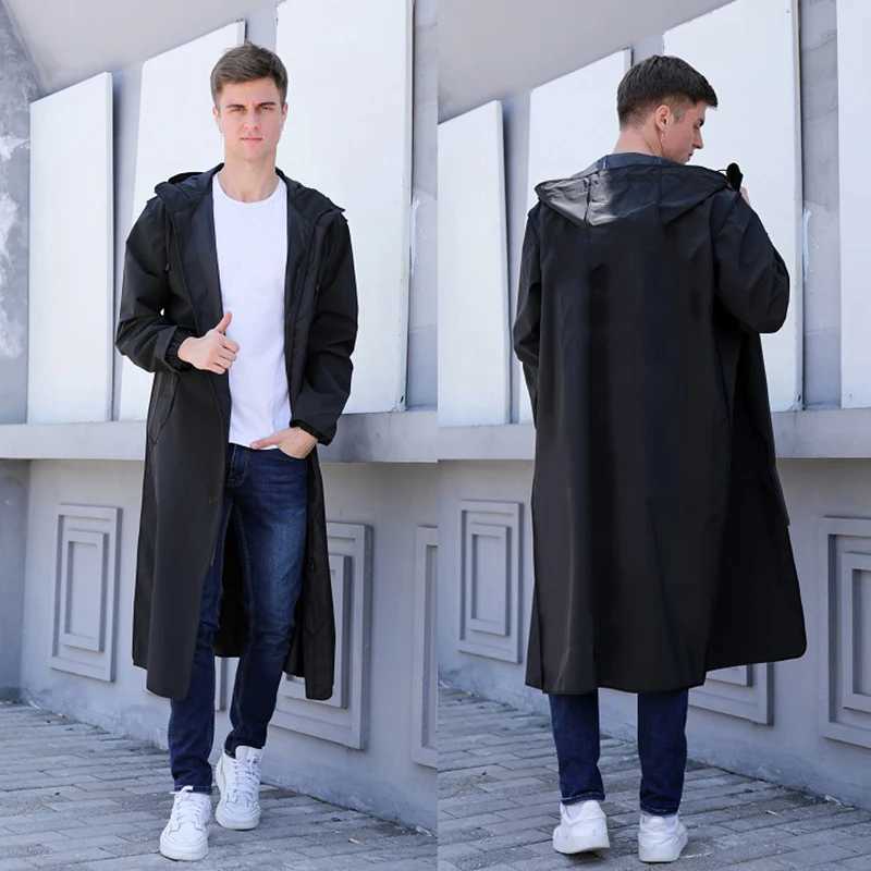 High quality 1PC black fashion adult waterproof long raincoat EVA unisex raincoat thick waterproof hooded raincoat outdoor hikin Y250814
