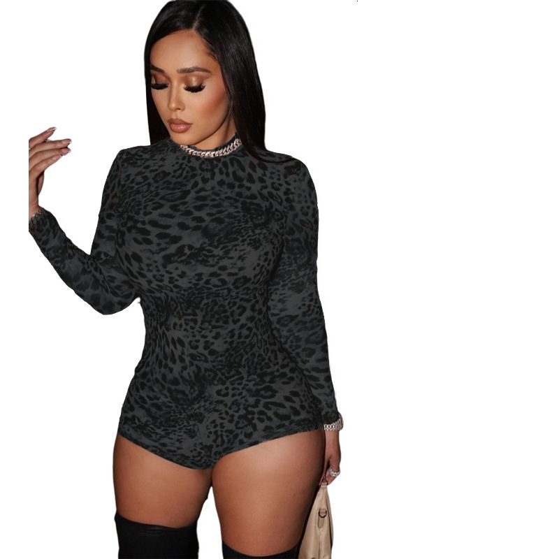 D9735 Womens Fashion Sexy Round Neck Long Sleeve Leopard Print Slim Fit Jumpsuit