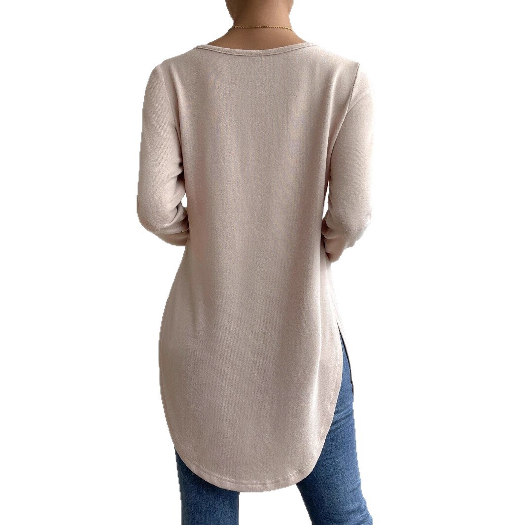 2025 Women's Autumn Winter Casual Side Slit Hem Solid Color Round Neck Long Sleeve T-Shirt