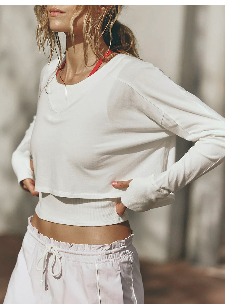 Solid Color Crop Top T-Shirt Women's Pure Cotton Versatile Long Sleeve Base Shirt Autumn Sports Round Neck Thin Sweatshirt