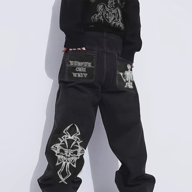Men's Jeans Fully Embroidered High Street Hip Hop Fashionable Loose Straight Leg Wide Pants