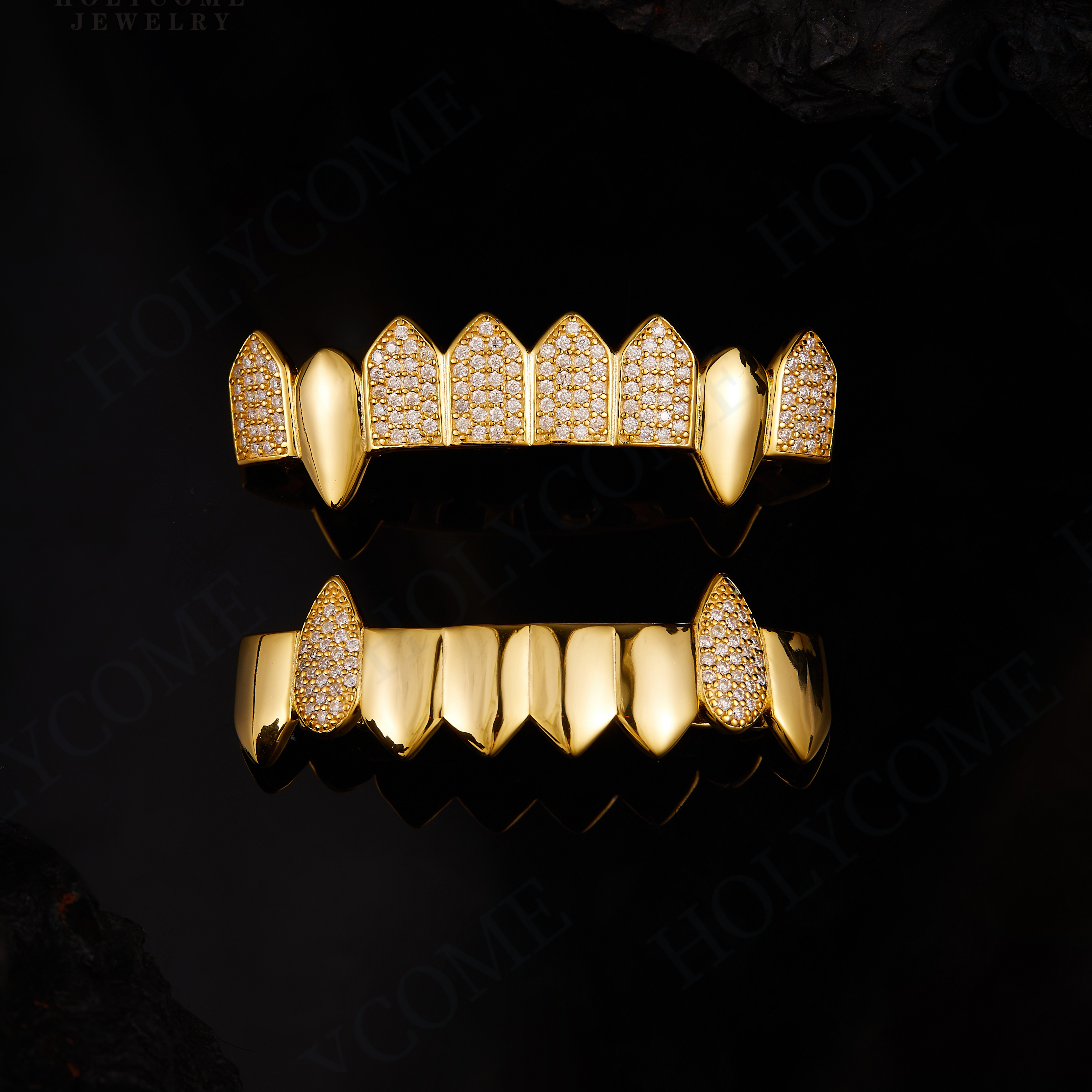 Custom Bling Grillz Hip Hop Full Moissanite Stone Vampire Teeth Grillz Caps Iced Out Micro Pave 8 Top 8 Bottom Charm Grills For Men Women Jewelry
