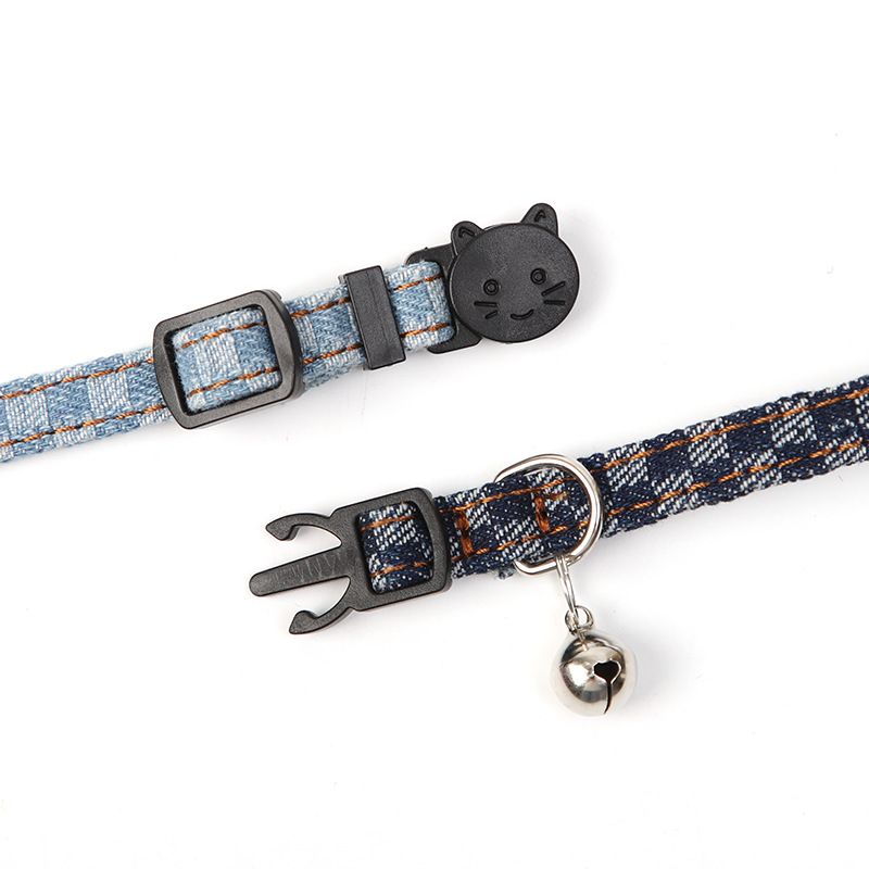 Chic Checkered Denim Bow Tie Pet Dog Cats Collar with Bell Light & Dark Wash