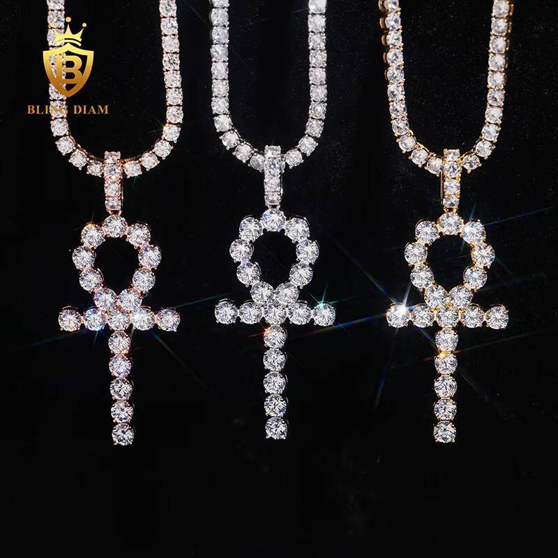 Wholesale Price Bling Hip Hop Jewelry Moissanite Iced Out Ankh Cross Pendant 925 Sterling Silver Diamond Fine Men Women