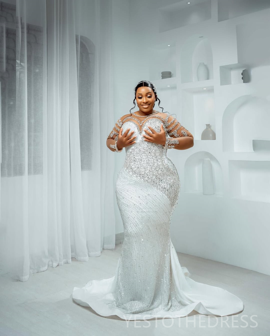 2025 Plus Size Off White African Wedding Dress Bridal Gowns For Bride Mermaid Detachable Trai Sheer Neck Beaded Lace Tiered Tulle Wedding Gowns For Bl