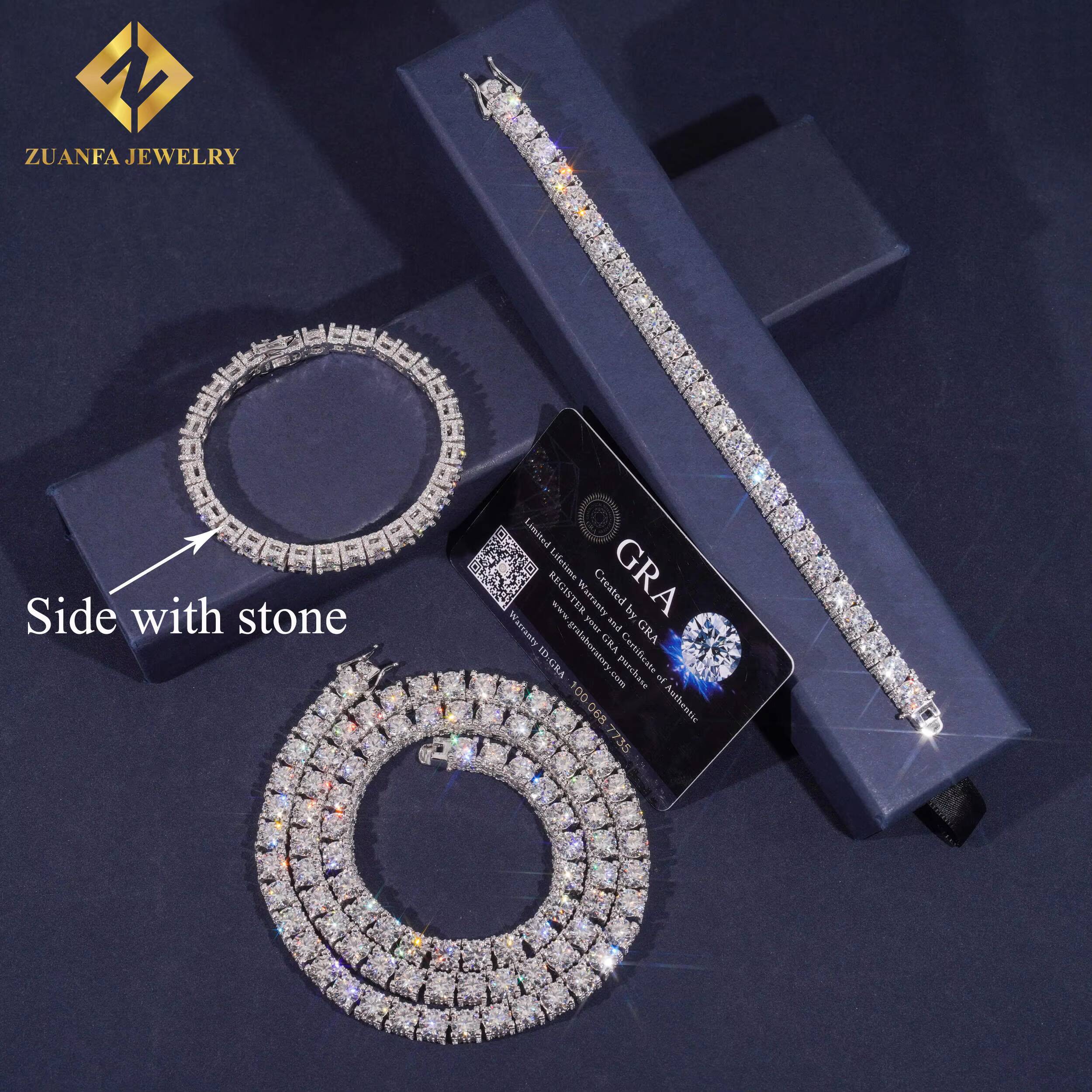 New RTS Luxury Tennis Chain 925 Silver Gold Plated Pass Diamond Tester GRA 5MM Moissanite Tennis Chain Side with Stone Necklace