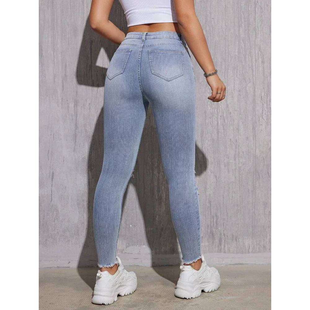 Women Ripped Jeans Cotton Skinny Stretch Lady High Waist Hole Denim Pants Fashion Solid Color Sexy Pencil Trousers