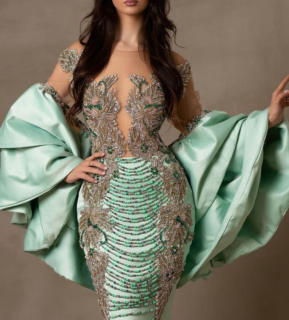 Exquisite Mermaid Evening Dresses Detachable Sleeve Floor Length Prom Gowns Crystal Beading Special Occasion Customized Dresses