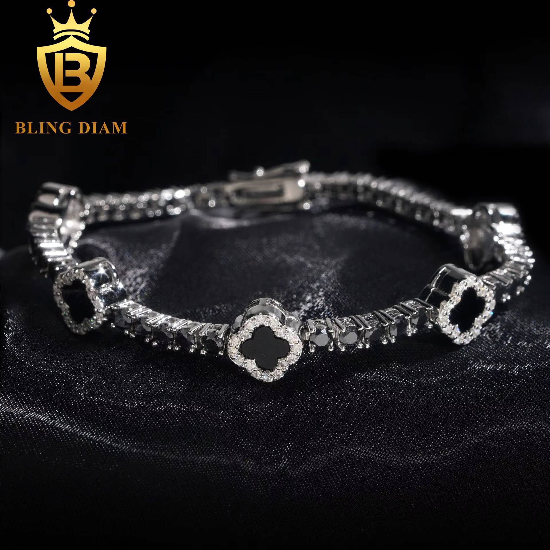 Fashion Black Clover Moissanite Tennis Chain Bracelet 925 Silver 3mm Moissanite Bracelet Pass Diamond test Hip Hop Bracelet