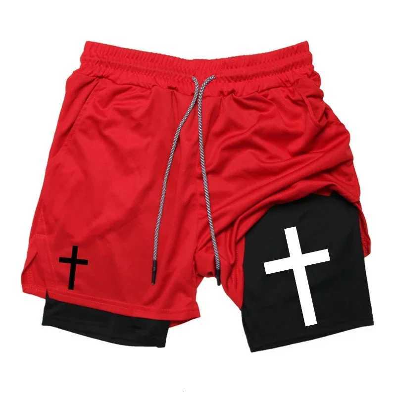 Cross Graphic 2 in 1 Workout Running Shorts for Men Christian Gym Performance Shorts with Phone Pocket Towel Loop Active Wear Y250814