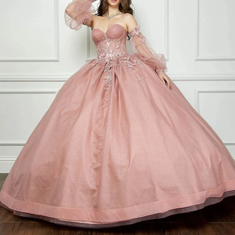 Rose Gold Shiny Princess Sweet 16 Dress Quinceanera Dresses Off The Shoulder Applique Flower Tull Corset Party Birthday Vestides 15 Anos
