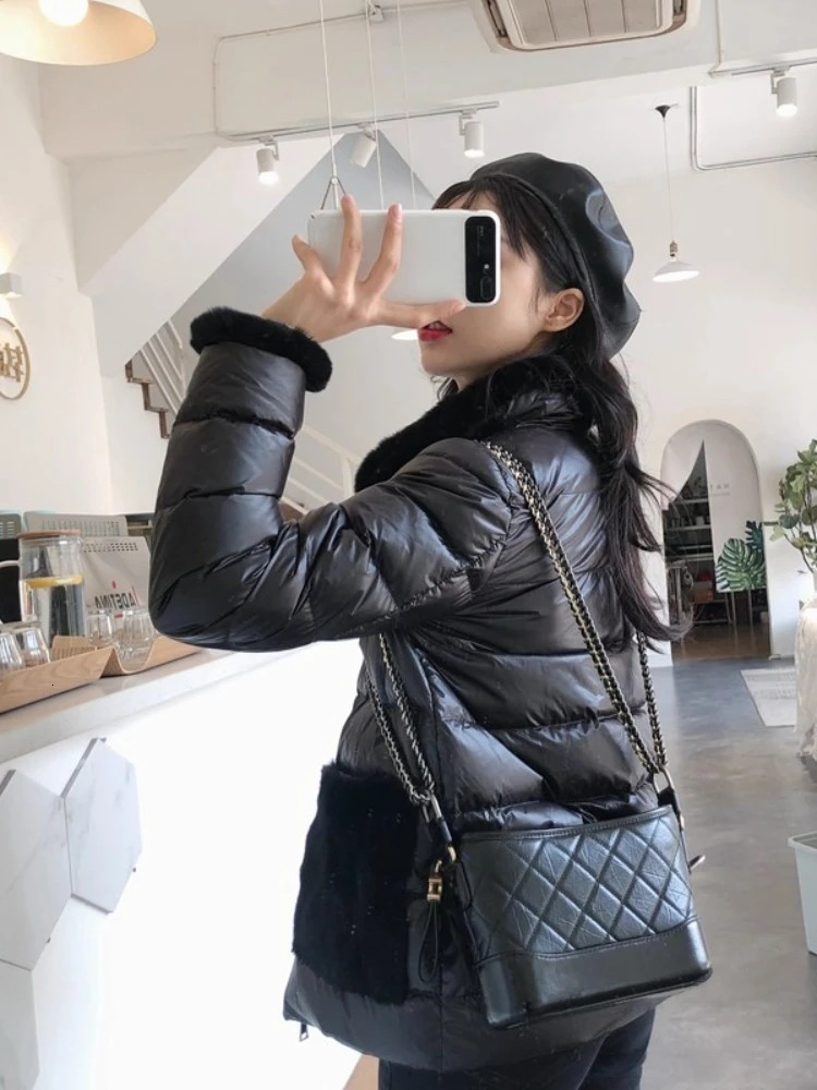 Winter Down Jacket Rabbit Fur Short Puffer Coat Female Stand Collar Pocket Lightweight 90% White Duck Downs Coats 250811